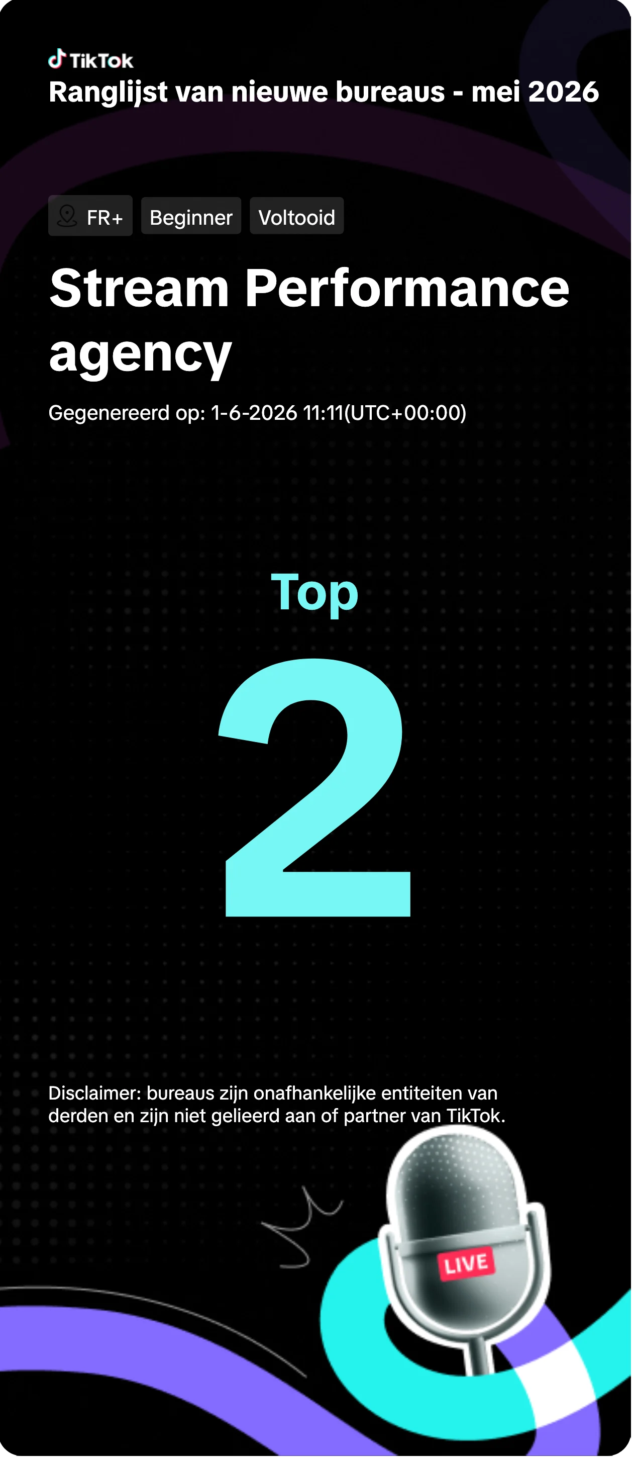 Officiële TikTok-ranglijst van nieuwe bureaus 2026 - Stream Performance agency, 2de plek in FR & BE