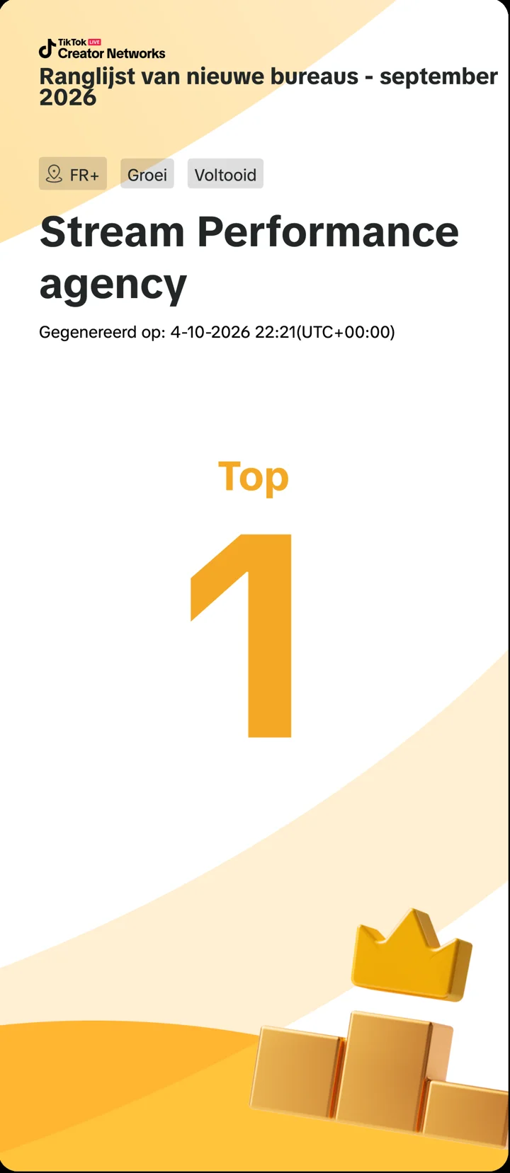 Officiële TikTok-ranglijst van nieuwe agencies, september 2026, regio FR+, ranglijst Groei: Stream Performance agency op nummer 1