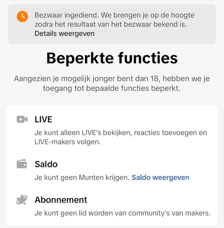 TikTok-scherm Beperkte functies met de melding Bezwaar ingediend: LIVE alleen bekijken, geen munten, geen abonnement