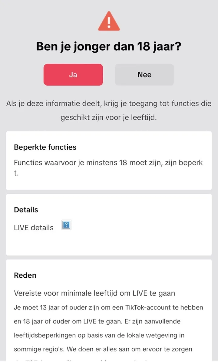 TikTok-melding Ben je jonger dan 18 jaar? met reden Vereiste voor minimale leeftijd om LIVE te gaan