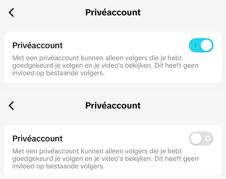TikTok-instelling Privéaccount: bovenaan aan, onderaan uit